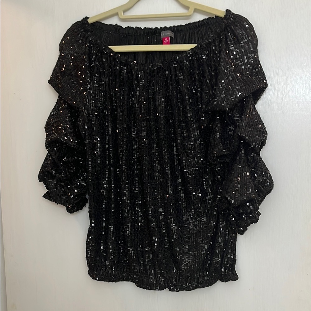 Vince Camuto Black Sequin Ruffled Blouse